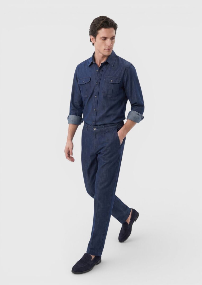 İndigo Düz Denim Straight Fit Casual Pamuk Karışımlı Pantolon - 3