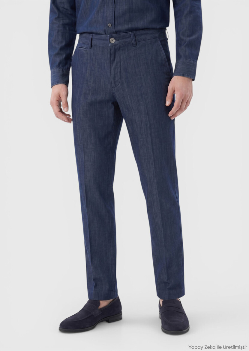 İndigo Düz Denim Straight Fit Casual Pamuk Karışımlı Pantolon - RAMSEY