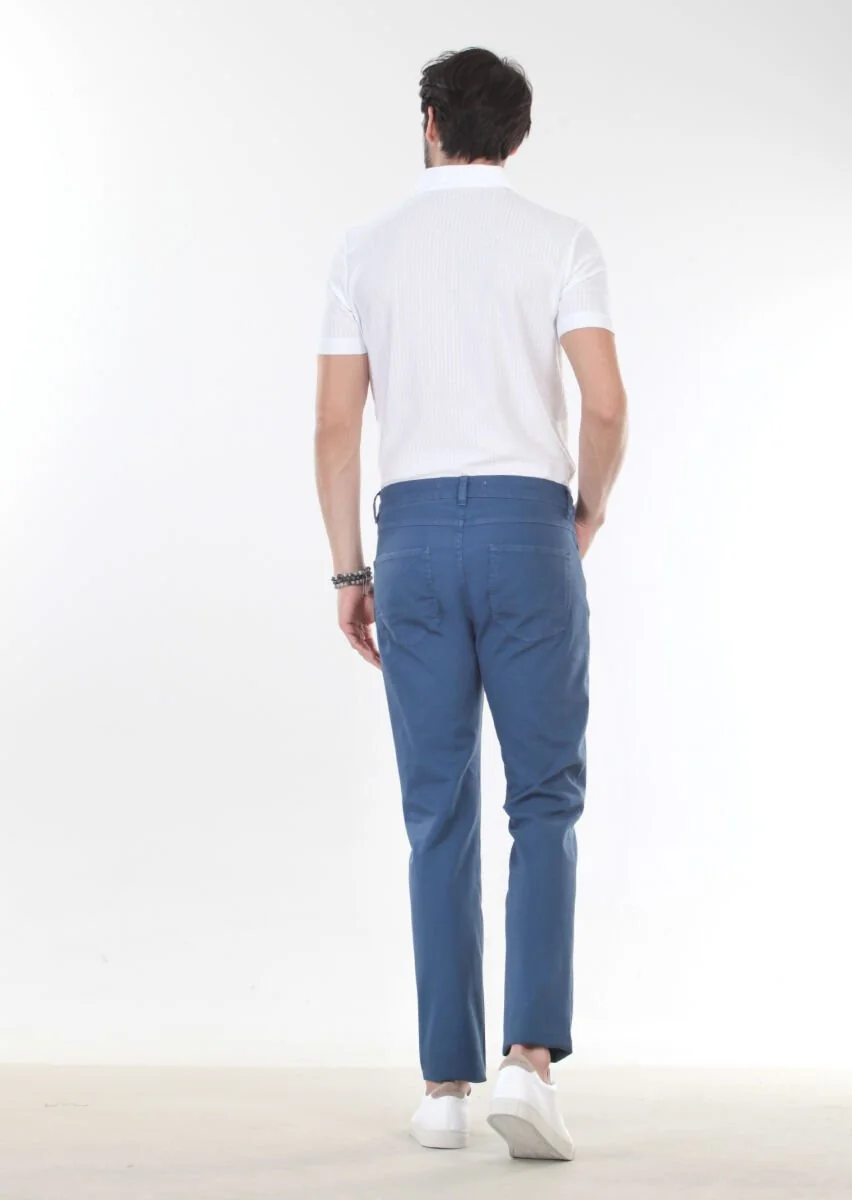 İndigo Düz Dokuma Slim Fit Casual Pamuk Karışımlı Pantolon - 2