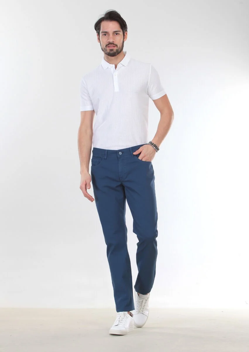 İndigo Düz Dokuma Slim Fit Casual Pamuk Karışımlı Pantolon - 3
