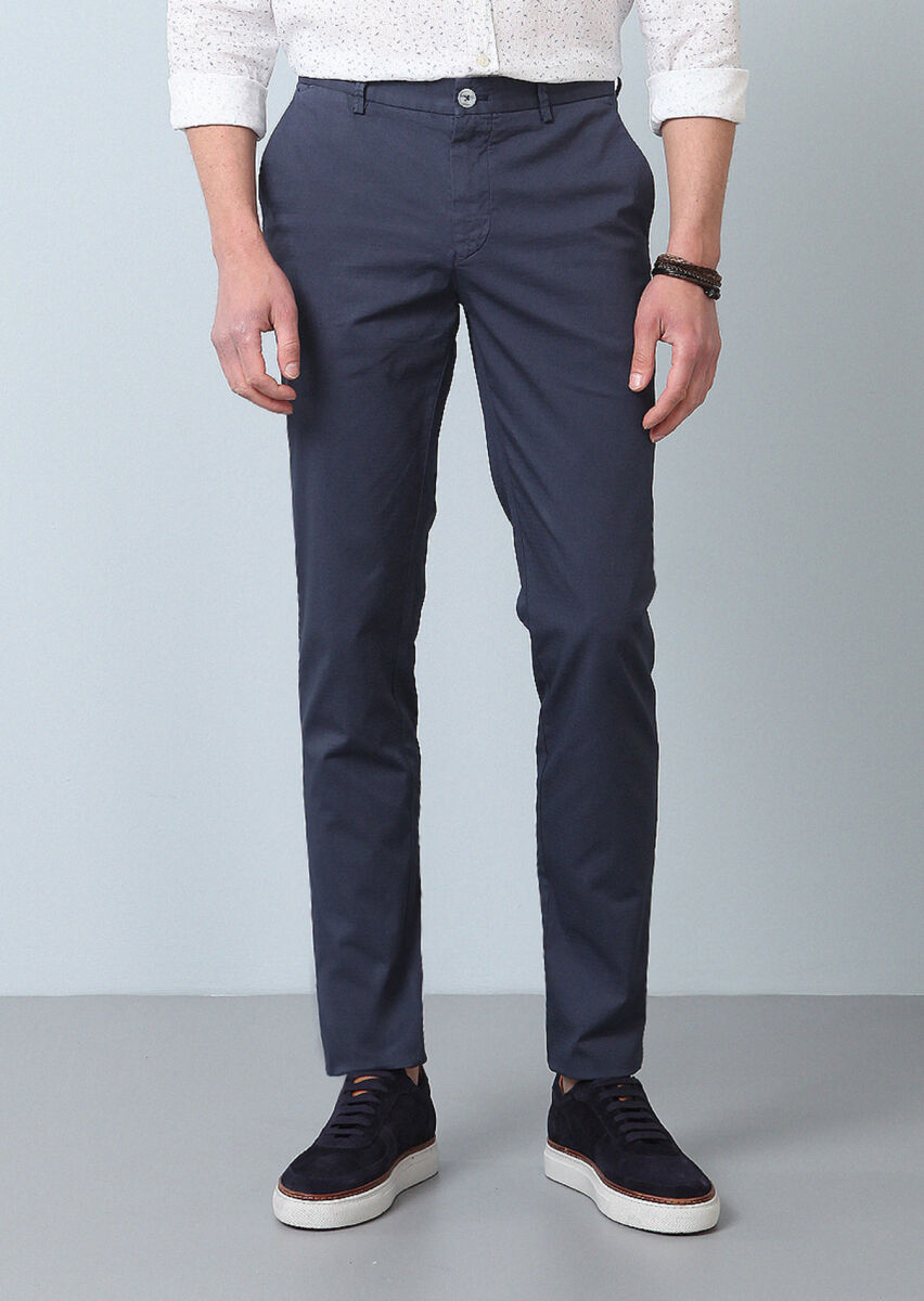 İndigo Düz Dokuma Slim Fit Casual Pamuk Karışımlı Pantolon - 1