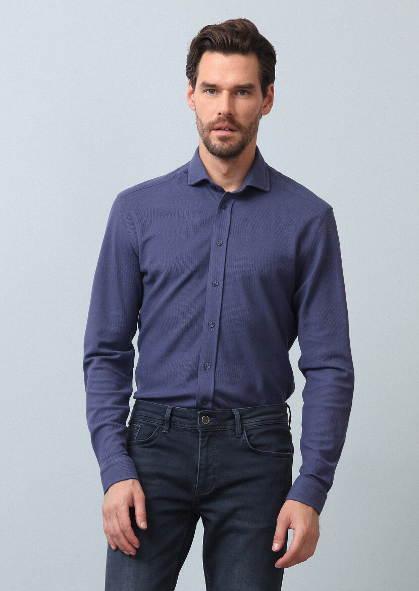 İndigo Düz Fitted Fit Uzun Casual %100 Pamuk Gömlek - 2