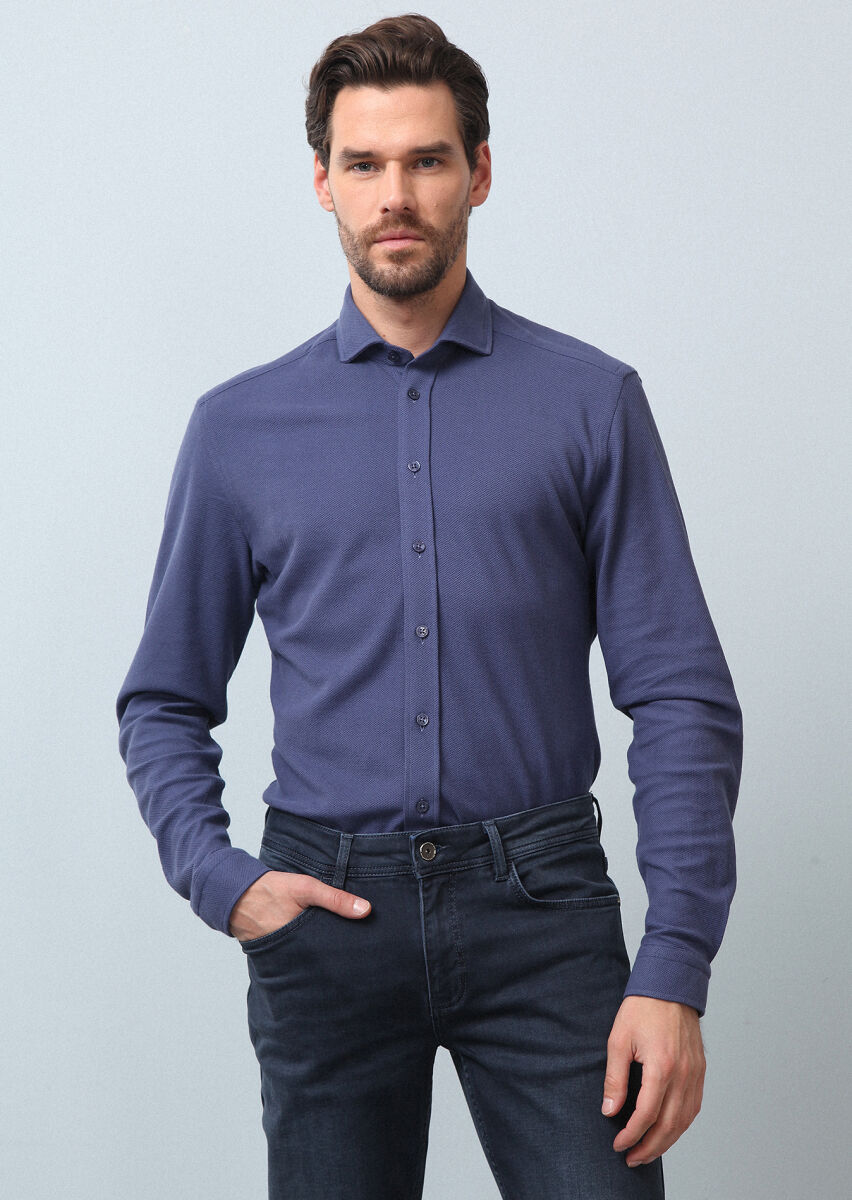 İndigo Düz Fitted Fit Uzun Casual %100 Pamuk Gömlek - 3