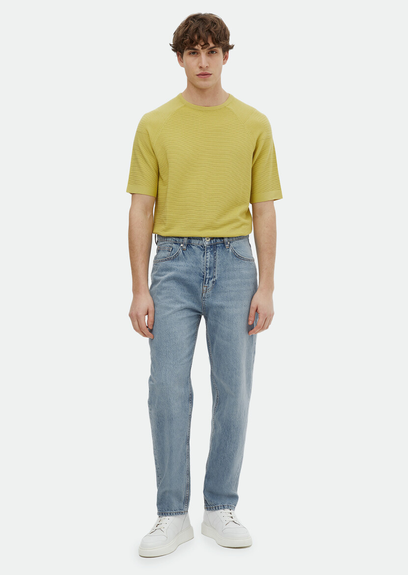 İndigo Düz Loose Fit Denim Pamuk Karışımlı Pantolon - RAMSEY