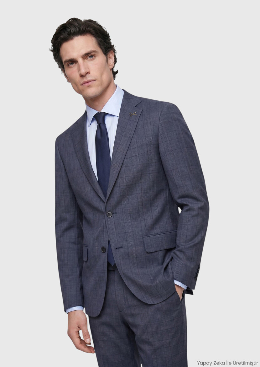 İndigo Düz Modern Fit %100 Yün Takım Elbise 
