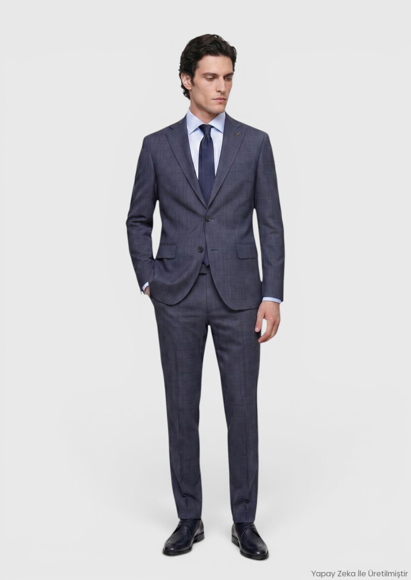 İndigo Düz Modern Fit %100 Yün Takım Elbise - RAMSEY