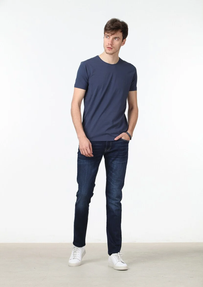 İndigo Düz Pamuk Karışımlı T-Shirt 