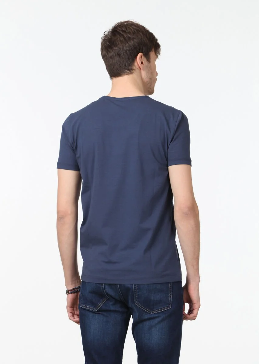 İndigo Düz Pamuk Karışımlı T-Shirt - 4