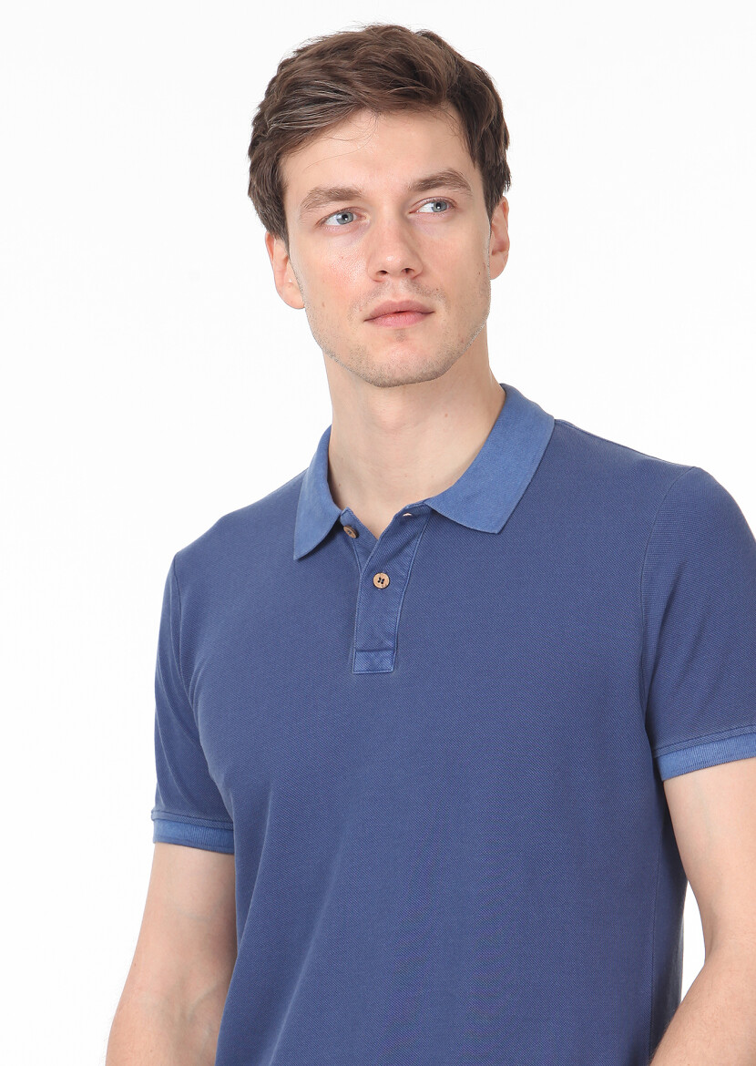 İndigo Düz Polo Yaka %100 Pamuk T-Shirt 