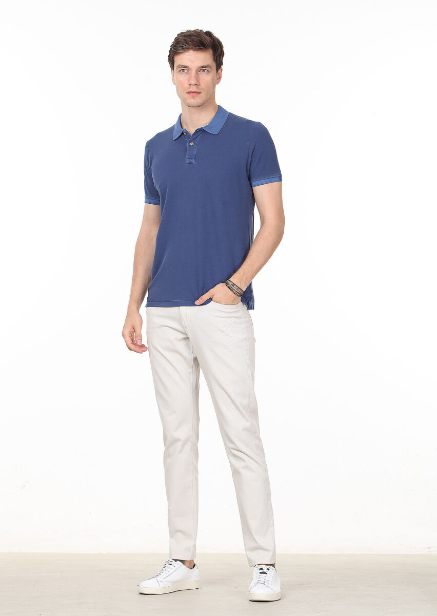 İndigo Düz Polo Yaka %100 Pamuk T-Shirt - 3