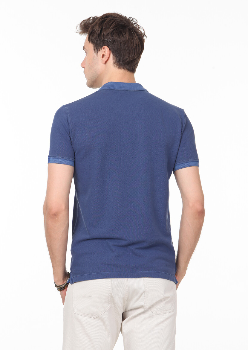 İndigo Düz Polo Yaka %100 Pamuk T-Shirt - 4