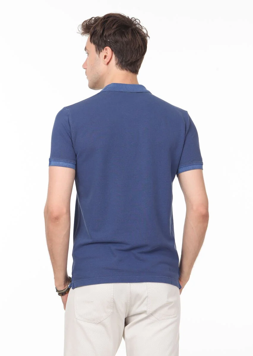 İndigo Düz Polo Yaka %100 Pamuk T-Shirt - 4