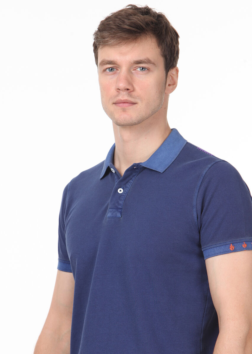İndigo Düz Polo Yaka %100 Pamuk T-Shirt - 2