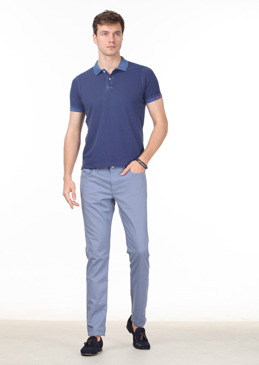 İndigo Düz Polo Yaka %100 Pamuk T-Shirt - 3