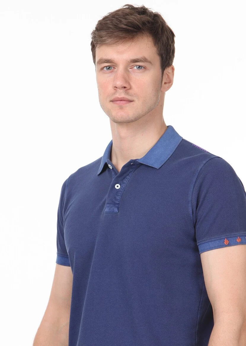 İndigo Düz Polo Yaka %100 Pamuk T-Shirt 