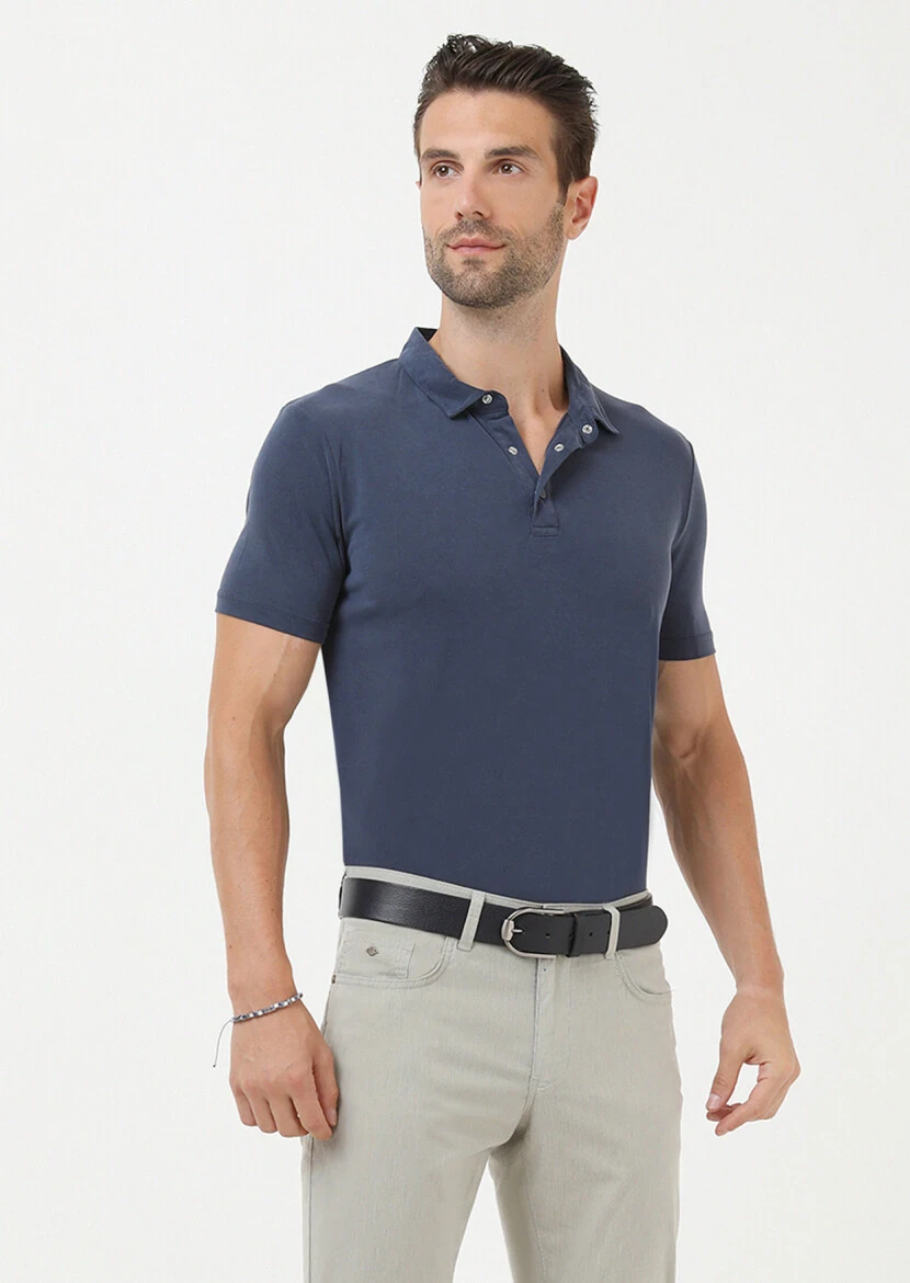 İndigo Düz Polo Yaka %100 Pamuk T-Shirt - 1