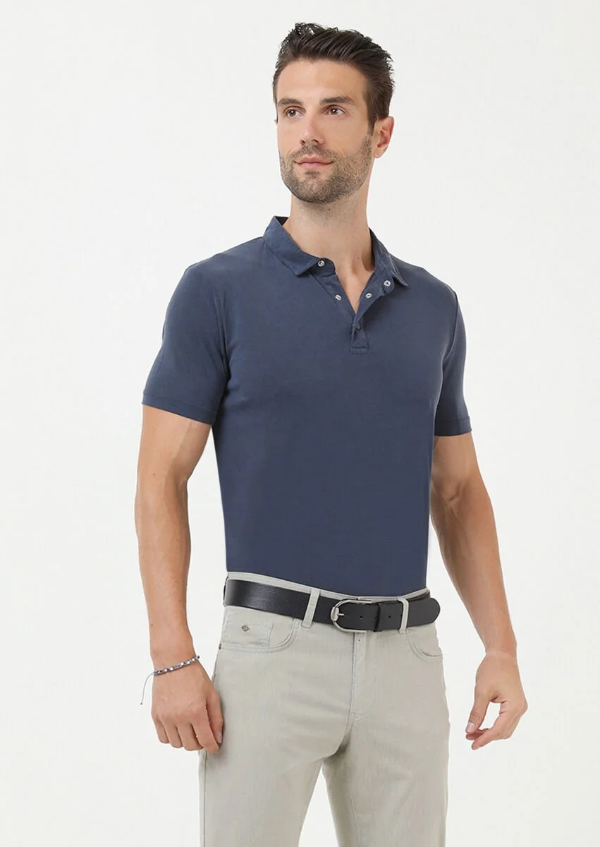 İndigo Düz Polo Yaka %100 Pamuk T-Shirt - 1