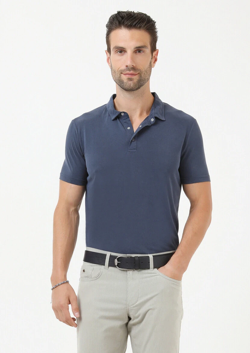 İndigo Düz Polo Yaka %100 Pamuk T-Shirt - 2