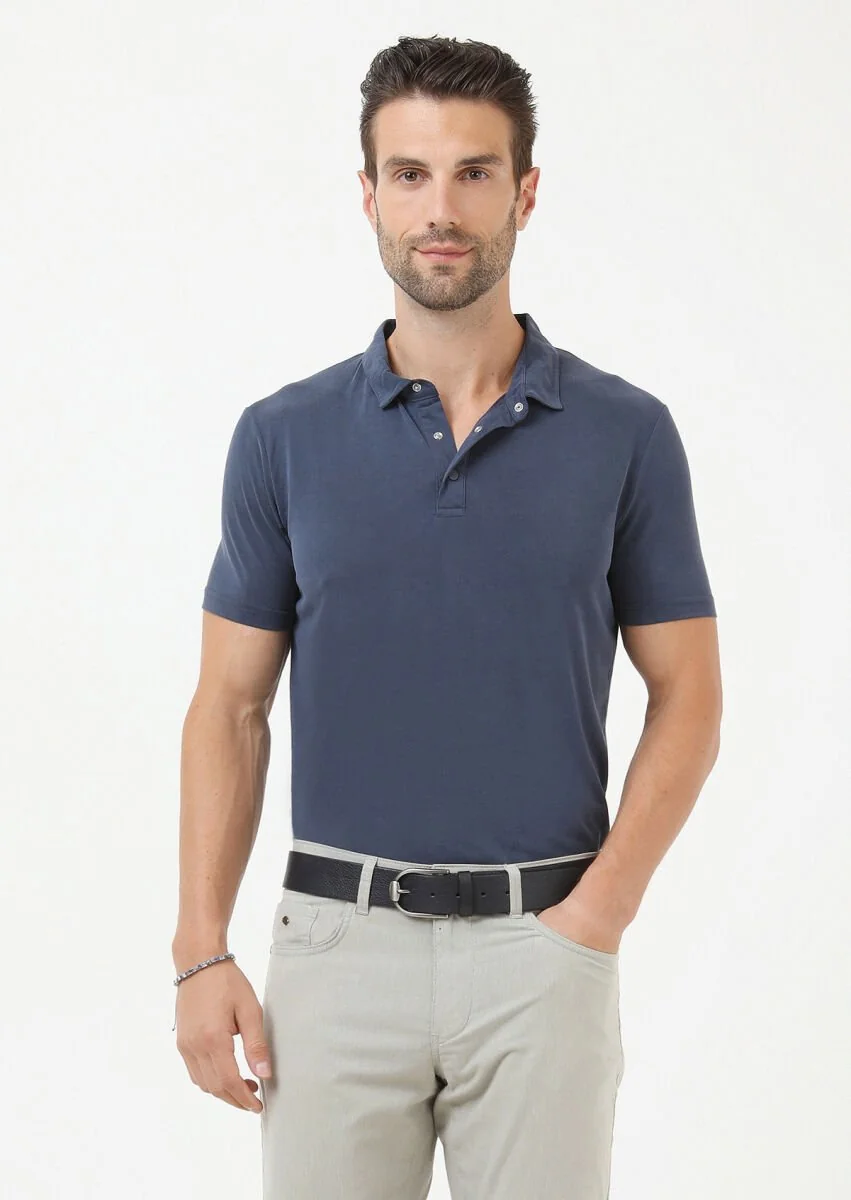 İndigo Düz Polo Yaka %100 Pamuk T-Shirt - 2