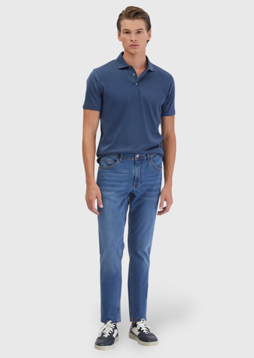 İndigo Düz Polo Yaka %100 Pamuk T-Shirt 