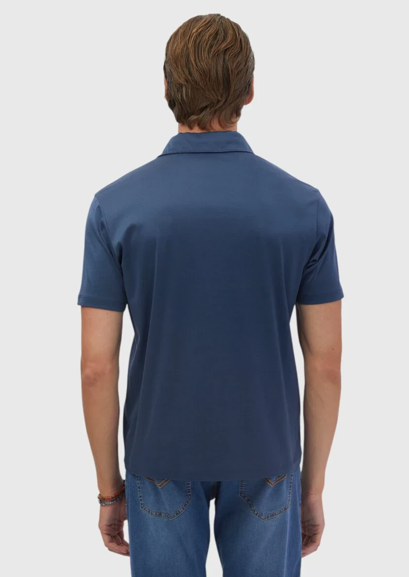 İndigo Düz Polo Yaka %100 Pamuk T-Shirt - 5