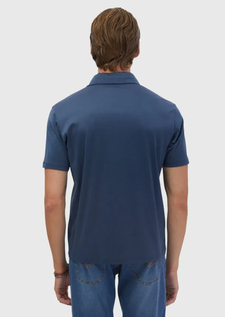 İndigo Düz Polo Yaka %100 Pamuk T-Shirt - 5