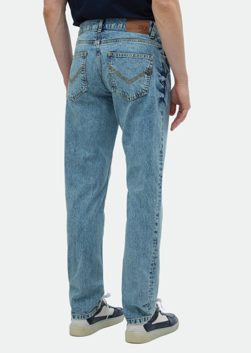İndigo Düz Regular Fit Denim %100 Pamuk Pantolon - 4