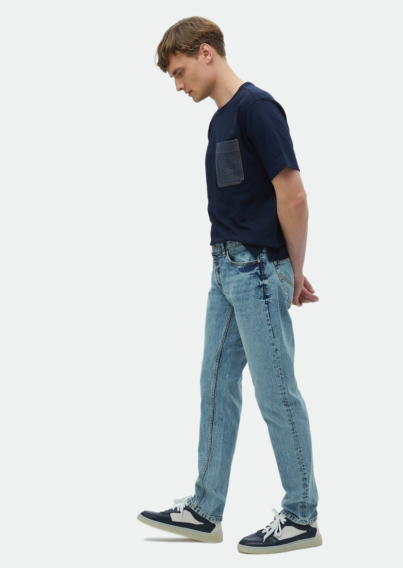 İndigo Düz Regular Fit Denim %100 Pamuk Pantolon - 1