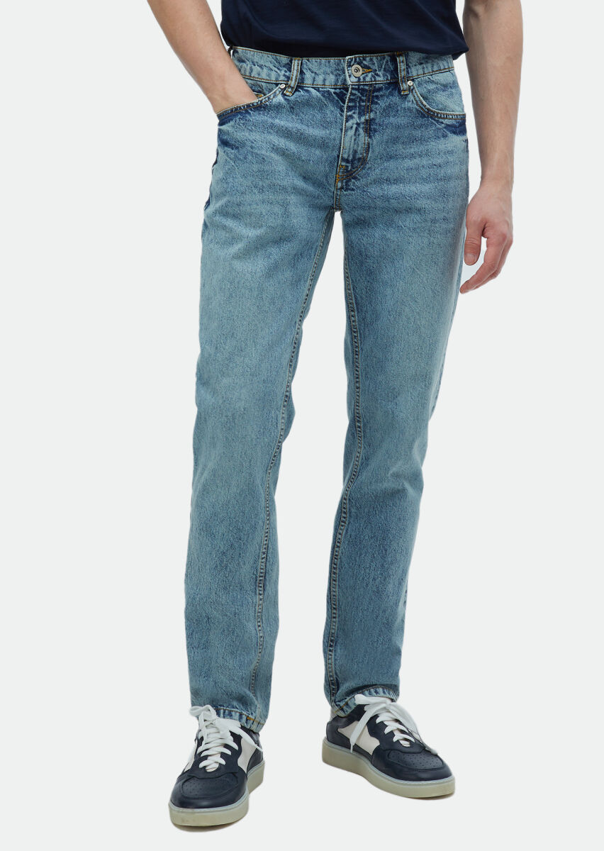 İndigo Düz Regular Fit Denim %100 Pamuk Pantolon - 2