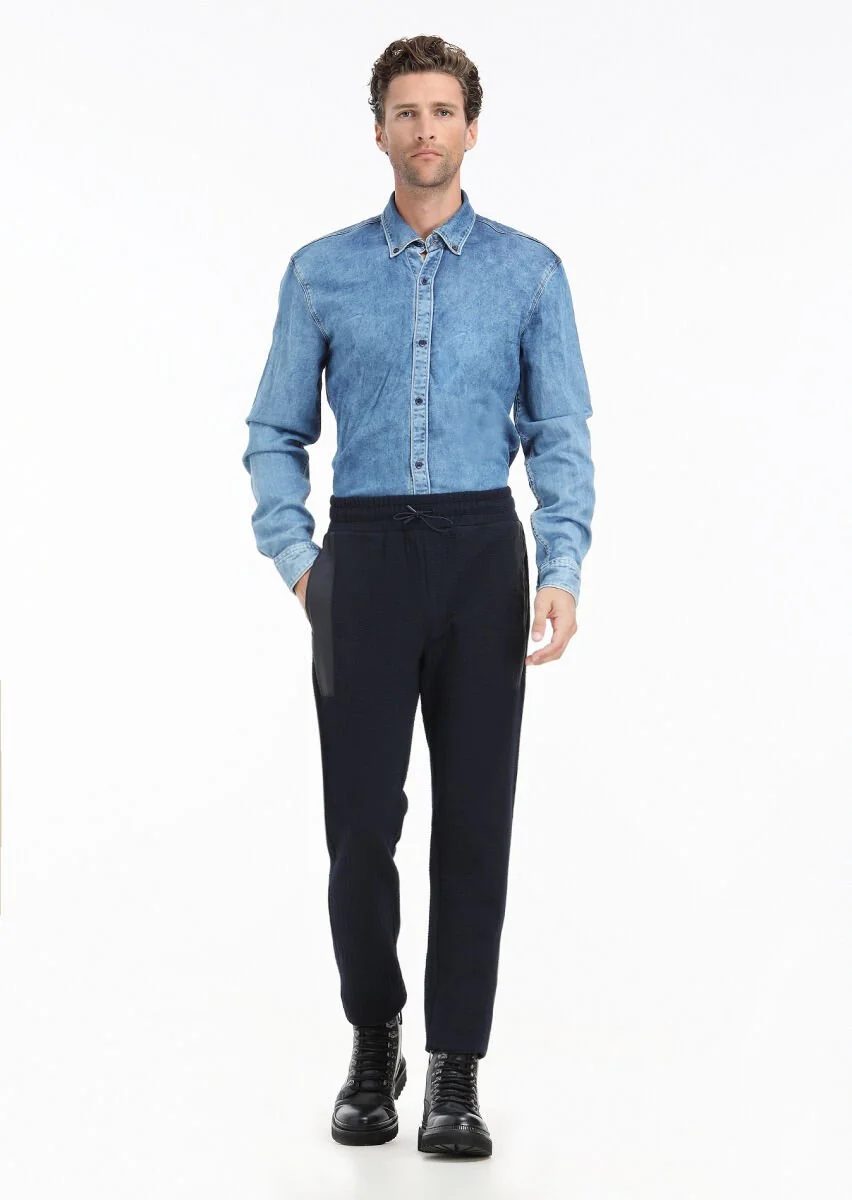 İndigo Düz Regular Fit Denim Pamuk Karışımlı Gömlek - 1