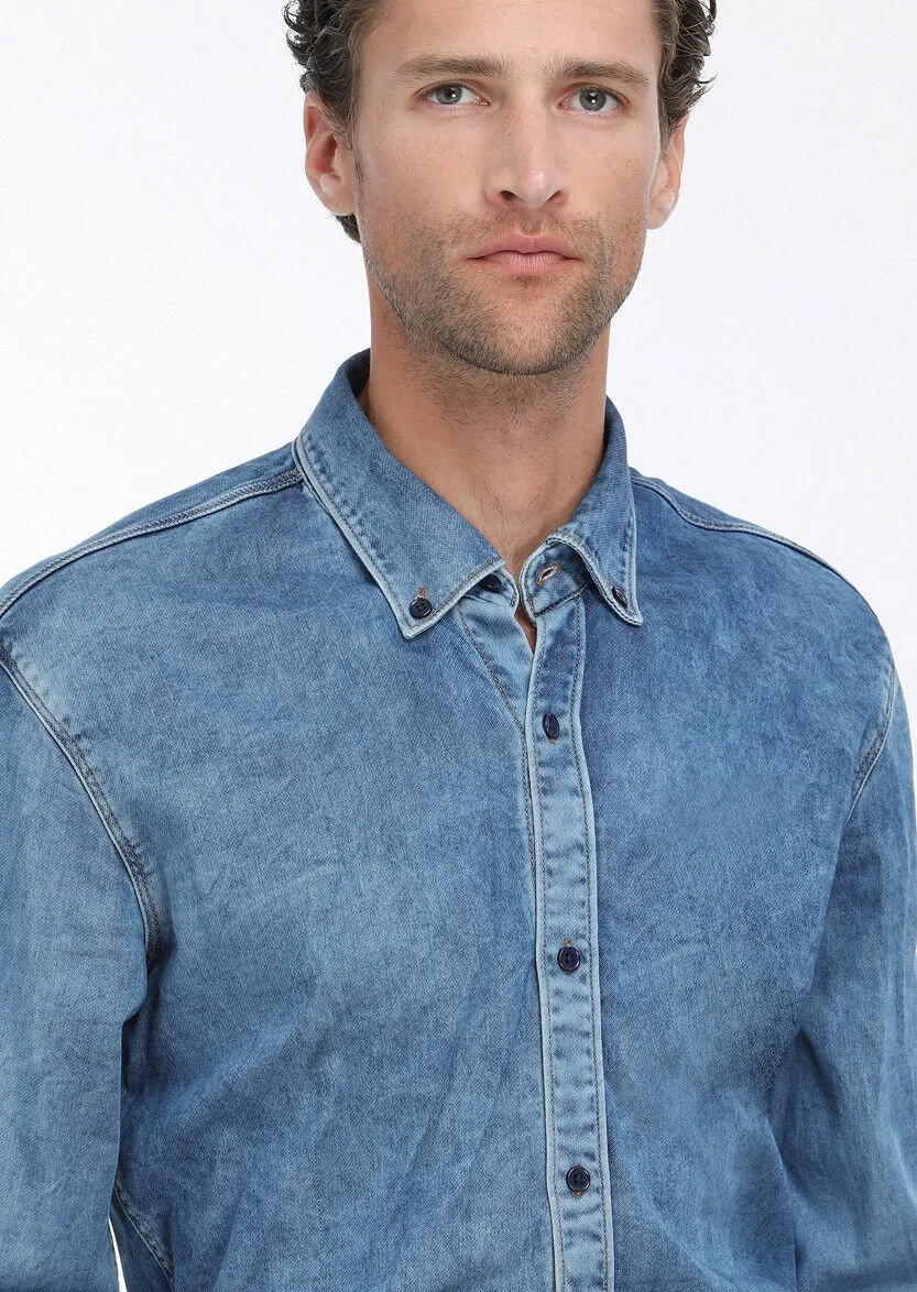İndigo Düz Regular Fit Denim Pamuk Karışımlı Gömlek - 2