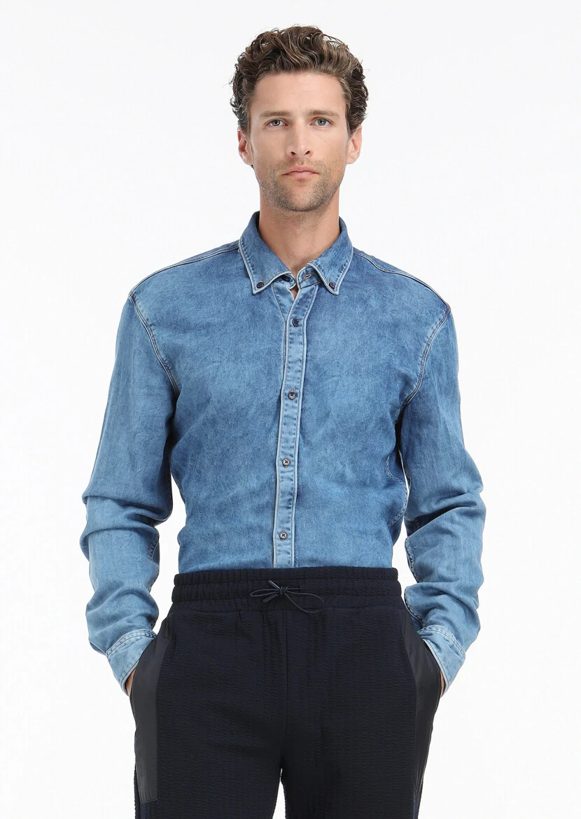 İndigo Düz Regular Fit Denim Pamuk Karışımlı Gömlek - 3