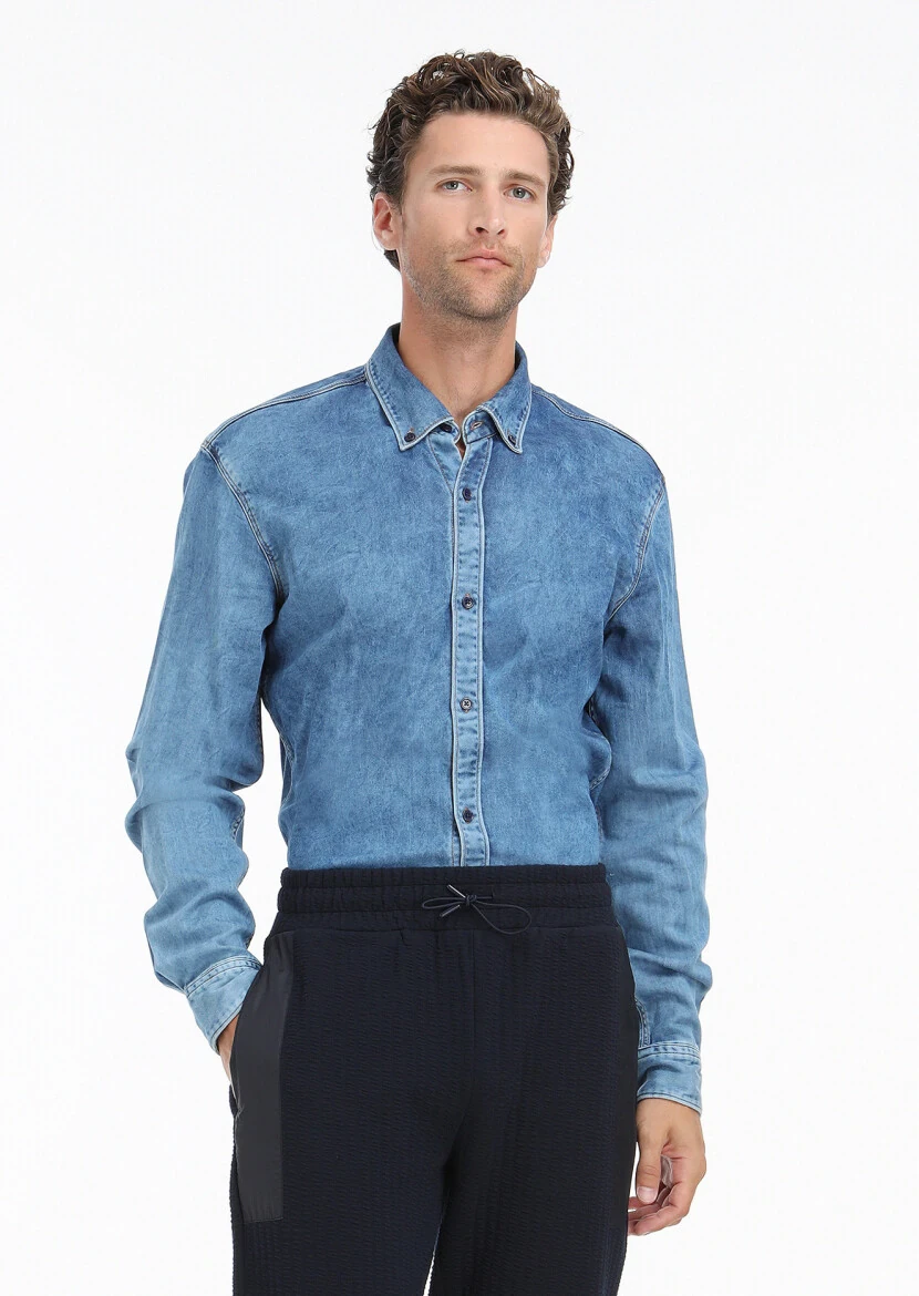 İndigo Düz Regular Fit Denim Pamuk Karışımlı Gömlek - 4