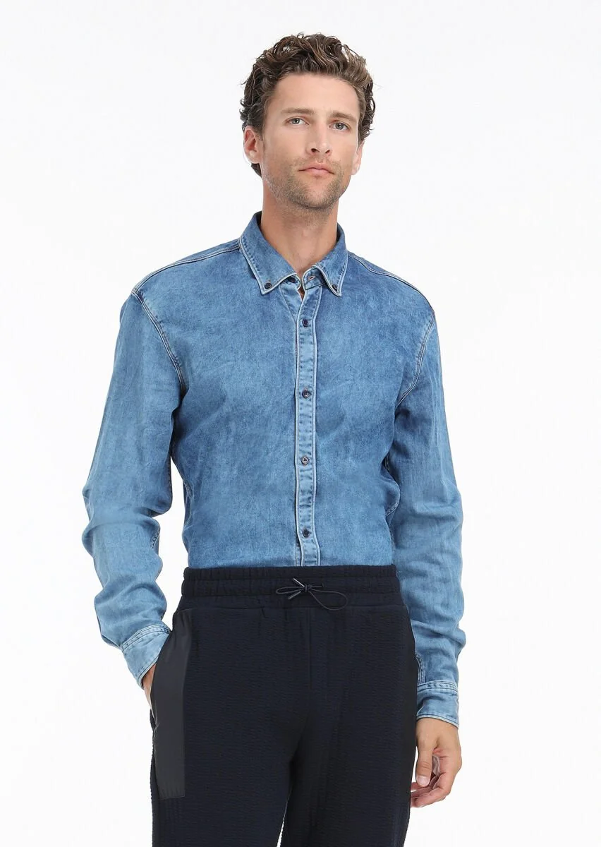 İndigo Düz Regular Fit Denim Pamuk Karışımlı Gömlek - 4