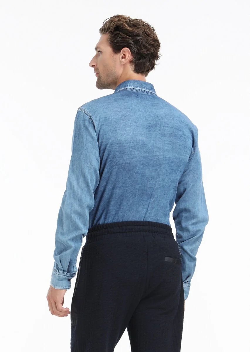 İndigo Düz Regular Fit Denim Pamuk Karışımlı Gömlek - 5
