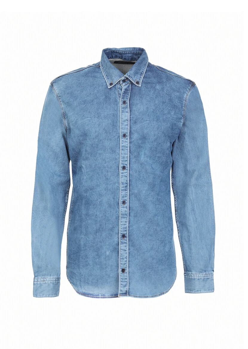 İndigo Düz Regular Fit Denim Pamuk Karışımlı Gömlek - 6