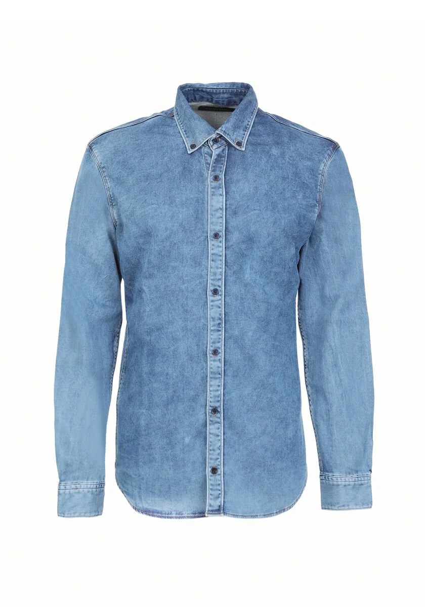 İndigo Düz Regular Fit Denim Pamuk Karışımlı Gömlek - 6
