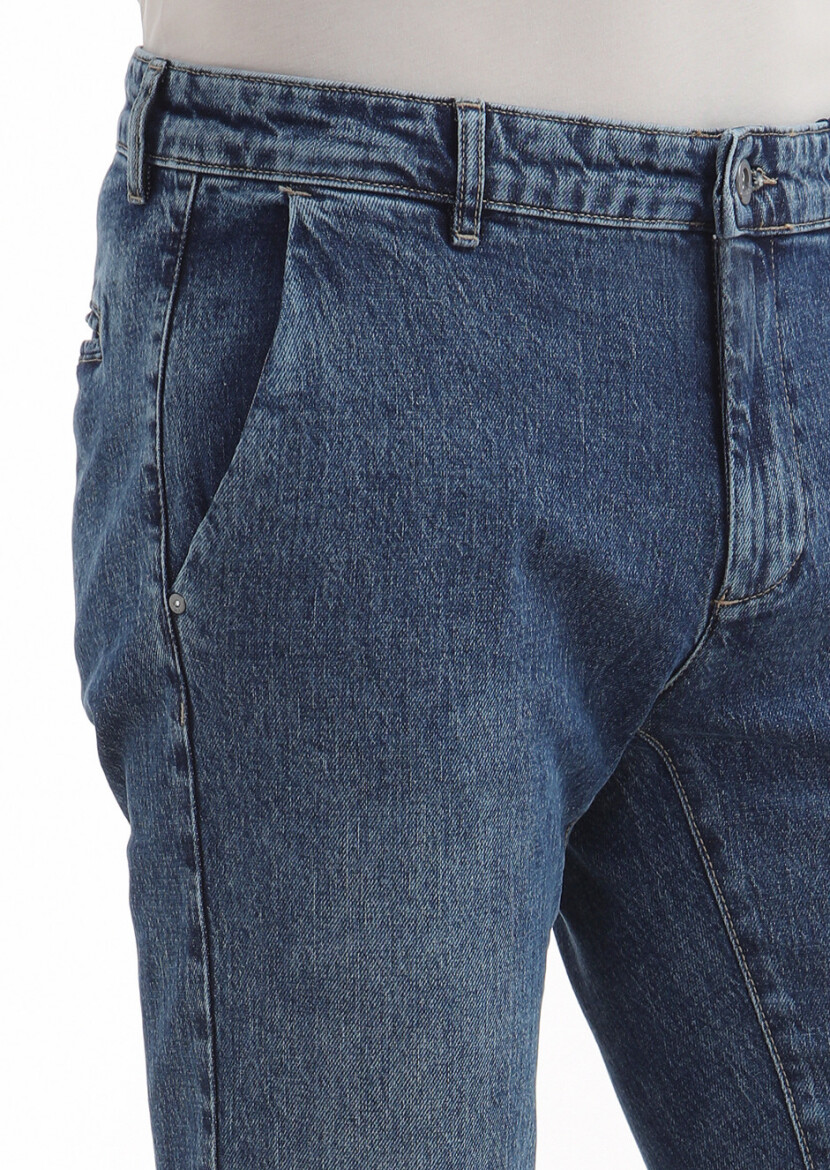 İndigo Düz Regular Fit Denim Pamuk Karışımlı Pantolon - 3