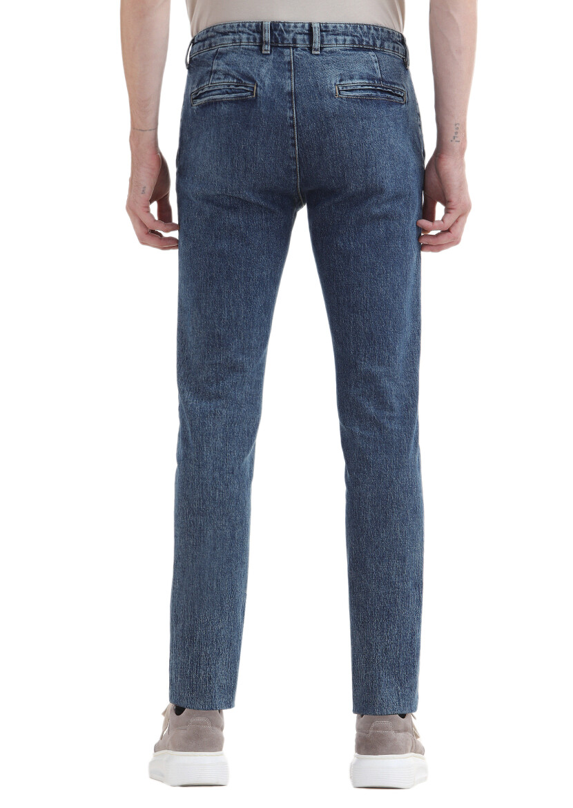 İndigo Düz Regular Fit Denim Pamuk Karışımlı Pantolon - 4