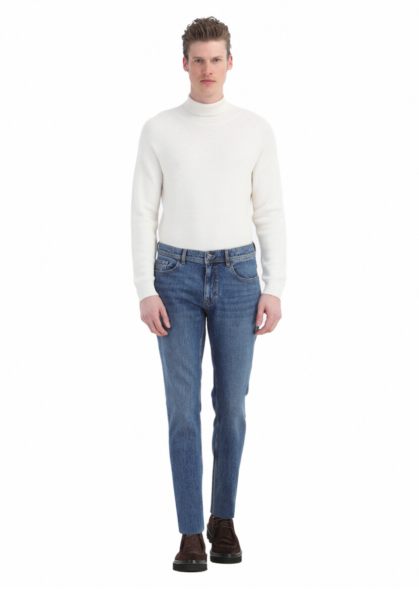 İndigo Düz Regular Fit Denim Pamuk Karışımlı Pantolon - RAMSEY