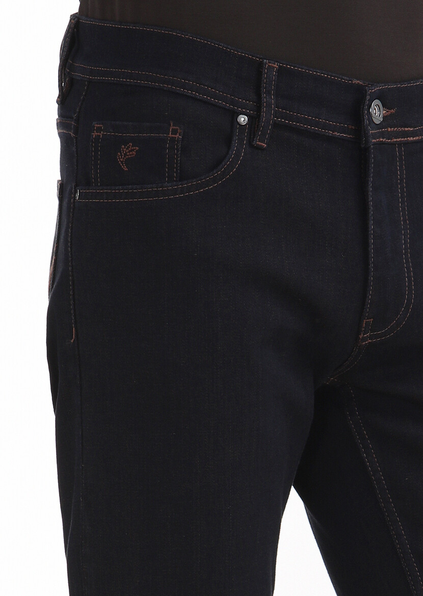 İndigo Düz Regular Fit Denim Pamuk Karışımlı Pantolon - 3