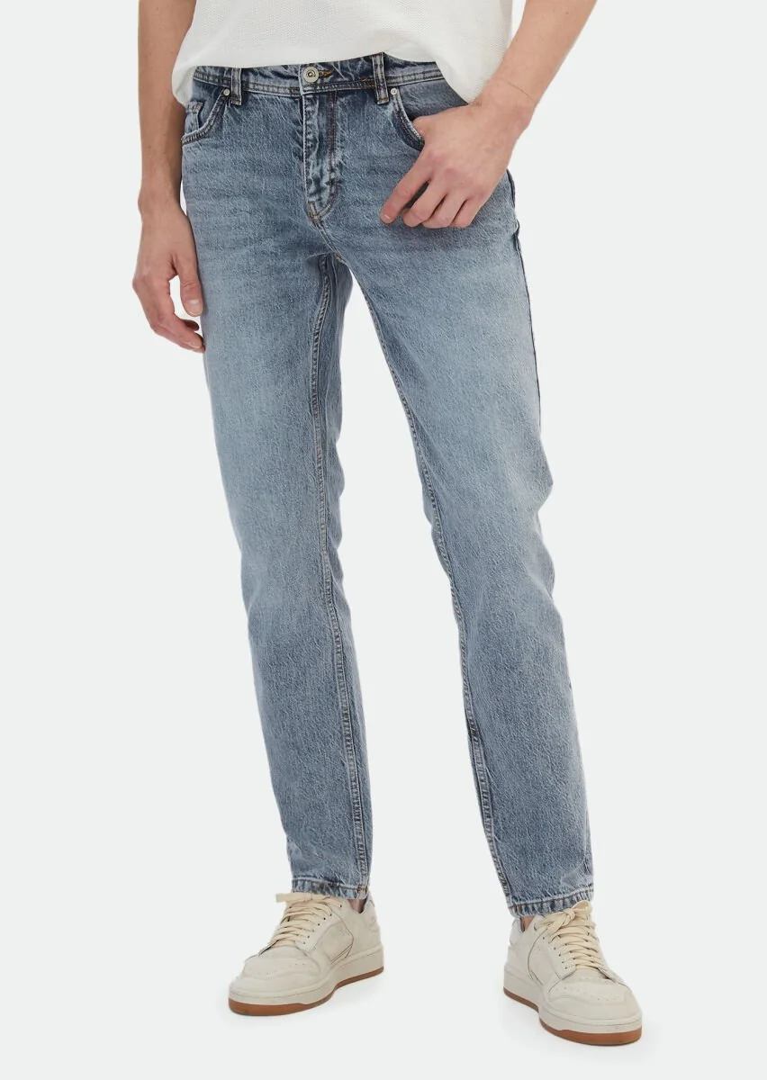 İndigo Düz Regular Fit Denim Pamuk Karışımlı Pantolon - 2