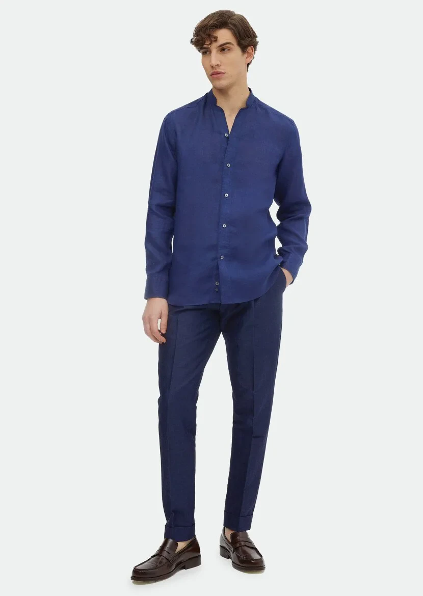 İndigo Düz Regular Fit Dokuma Casual %100 Keten Gömlek 