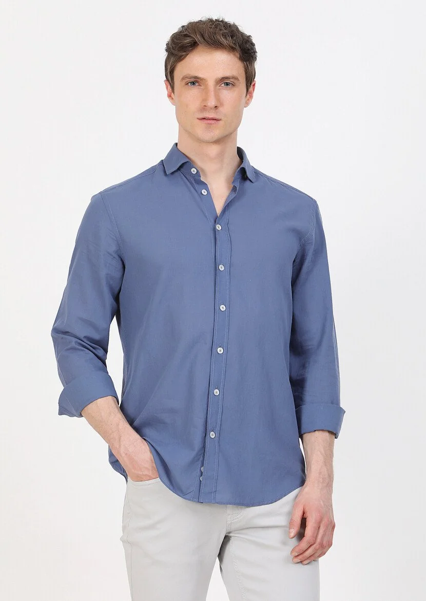 İndigo Düz Regular Fit Dokuma Casual %100 Pamuk Gömlek - 1