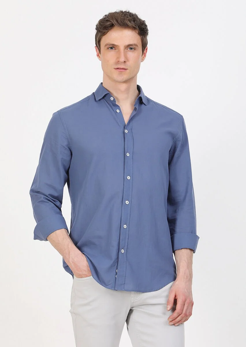 İndigo Düz Regular Fit Dokuma Casual %100 Pamuk Gömlek - 1