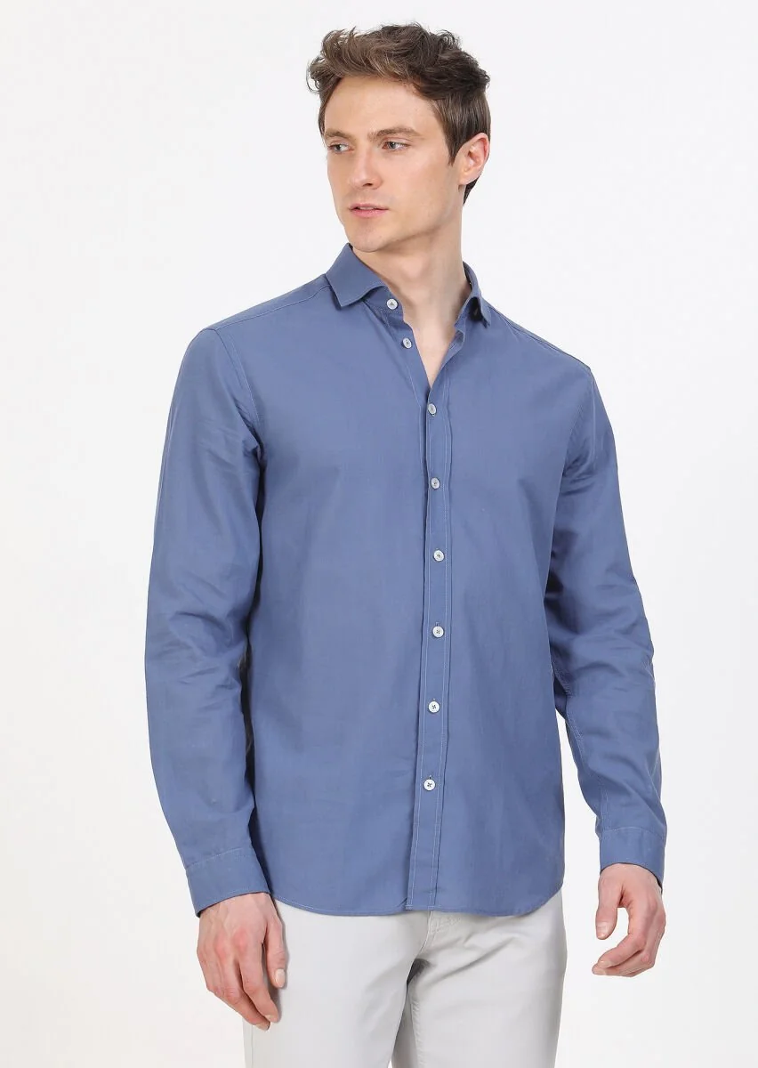 İndigo Düz Regular Fit Dokuma Casual %100 Pamuk Gömlek - 2