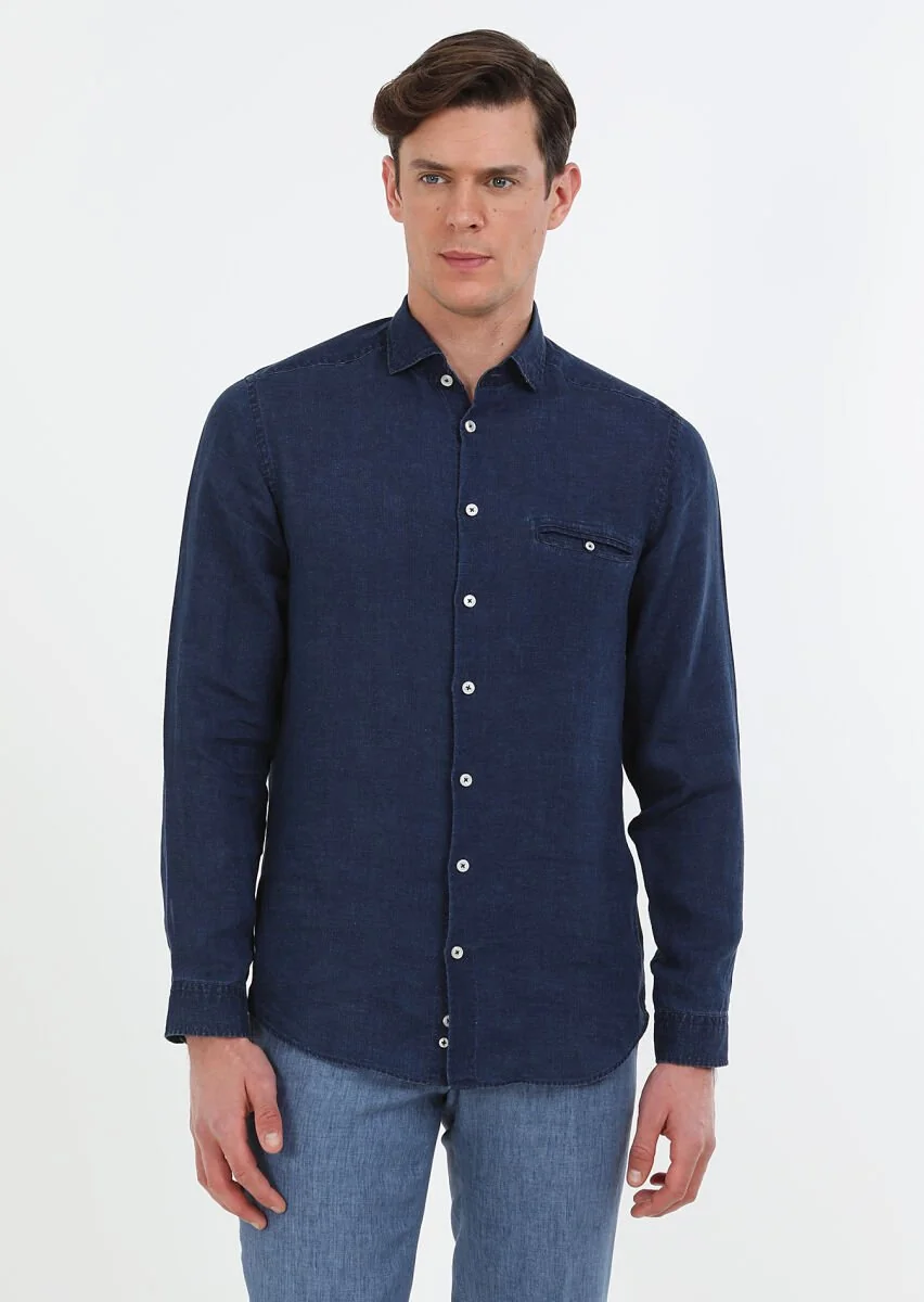 İndigo Düz Regular Fit Dokuma Casual Pamuk Karışımlı Gömlek - 1