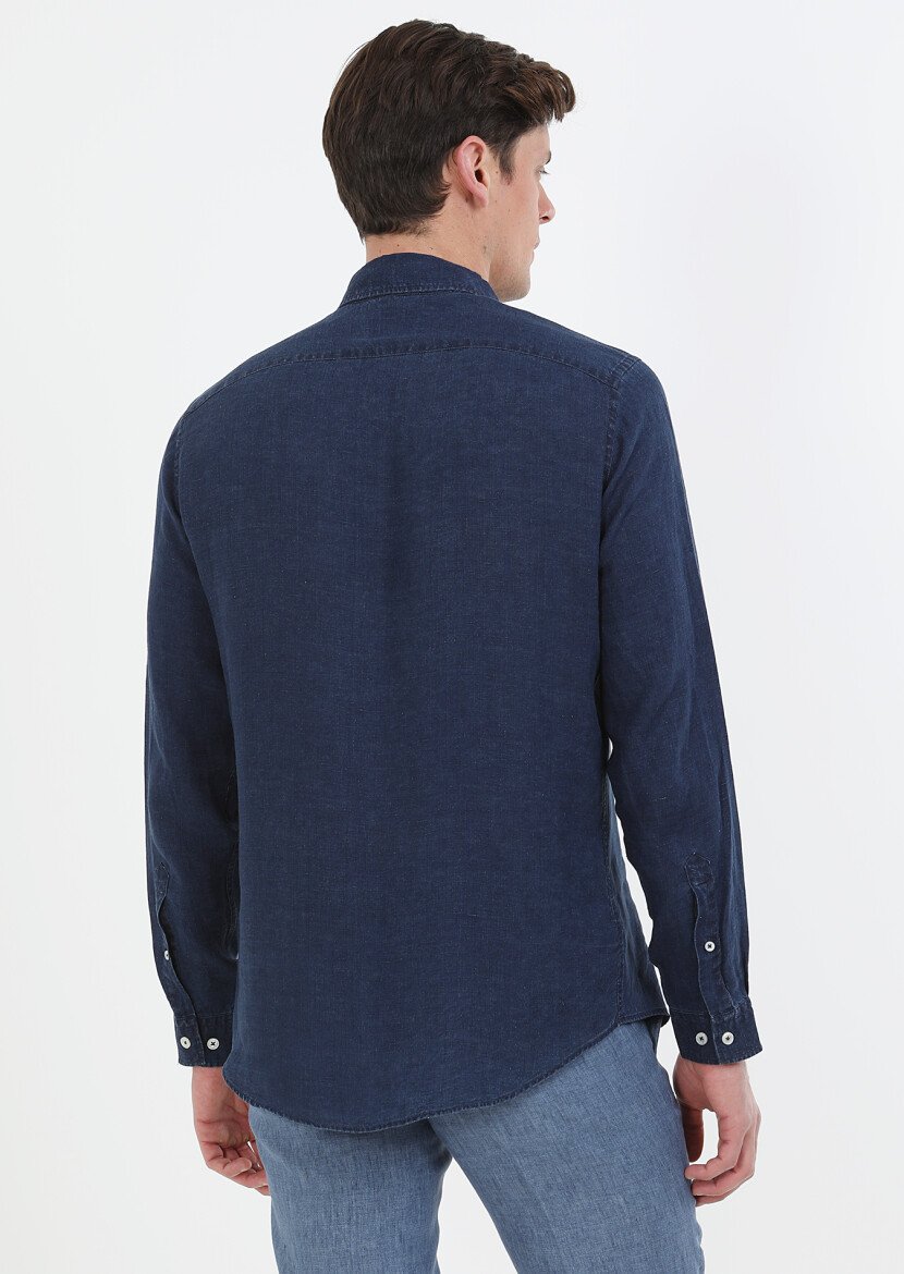 İndigo Düz Regular Fit Dokuma Casual Pamuk Karışımlı Gömlek - 6