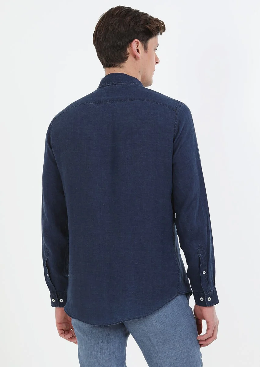 İndigo Düz Regular Fit Dokuma Casual Pamuk Karışımlı Gömlek - 6