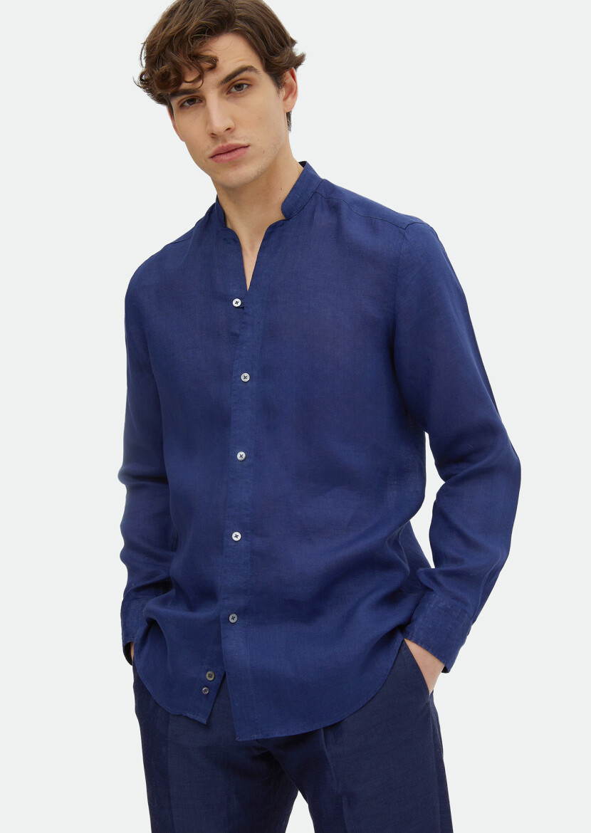 İndigo Düz Regular Fit Uzun Dokuma Casual %100 Keten Gömlek - 1